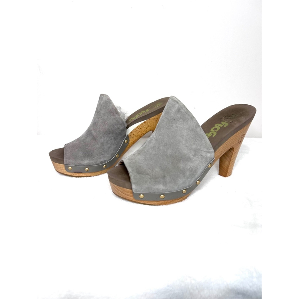 Gray Suede Mules with Wooden Heel